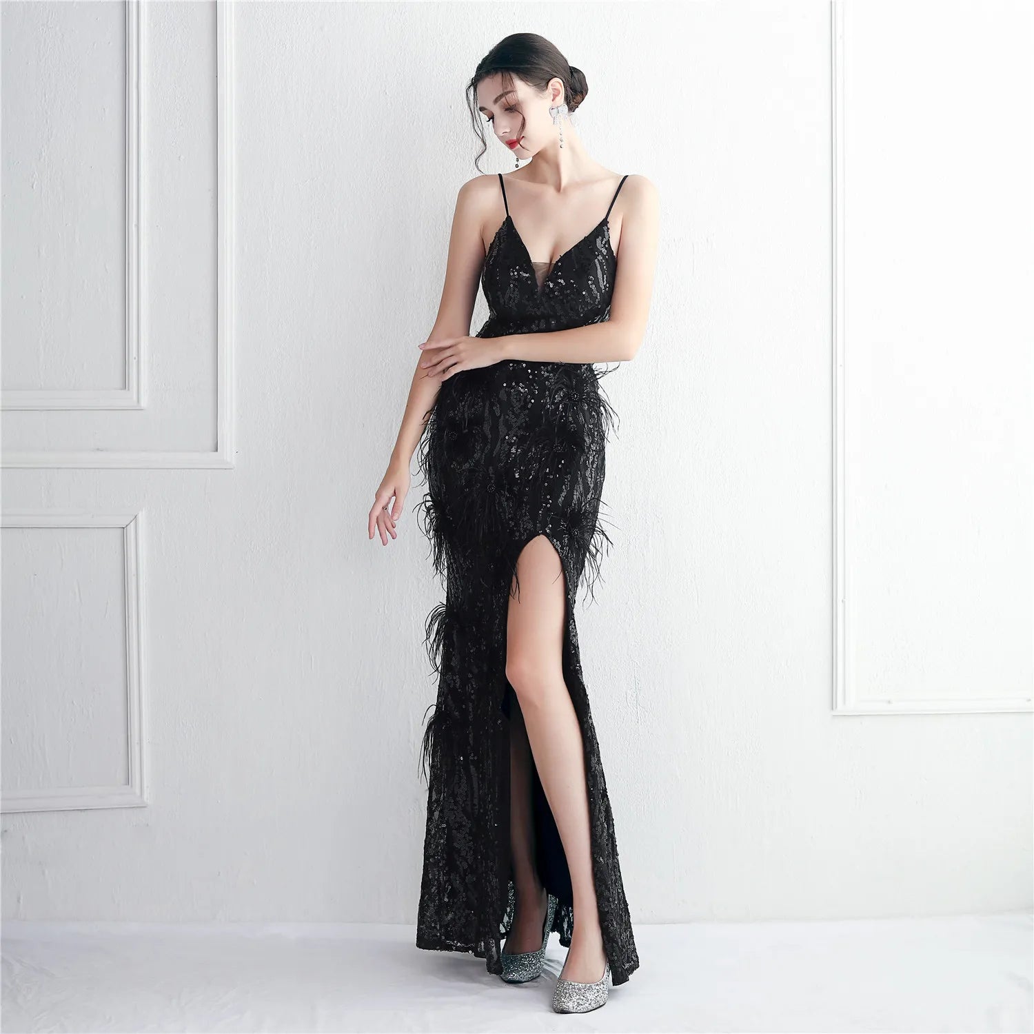 Women Sexy Slit Party Maxi Dress Strap V Neck Feather Evening Dress Green Sequin Dress Long Prom Dress