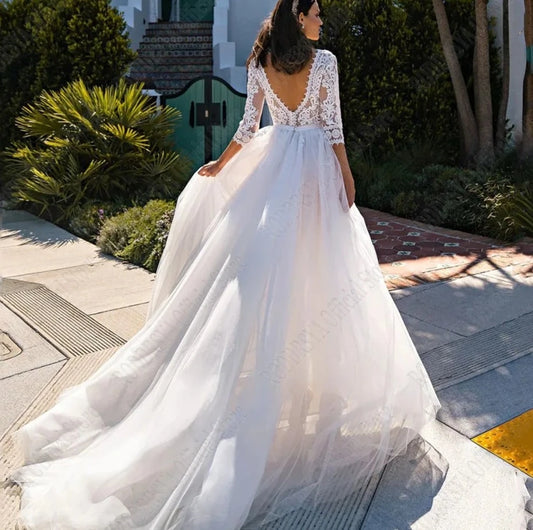 Elegant 3/4 Sleeves Wedding Dresses Square Collar Backless Bride Gowns Tulle A-Line Lace Applique Vestidos De Novia