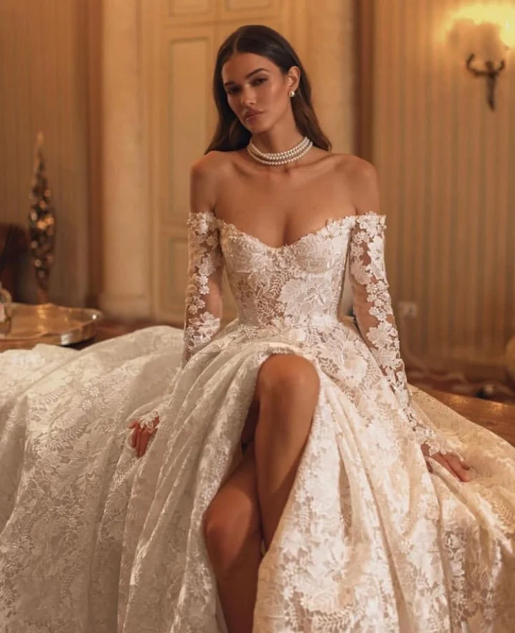 Luxuria A abito da sposa in pizzo Linea manica lunga sexy da sposa da sposa da sposa