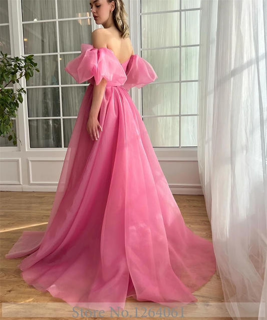 Elegant V-neck Pleated Evening Dress with Removable Ruff Sleeve Organza Evening Gown Side Split Court for Women فساتين السهرة