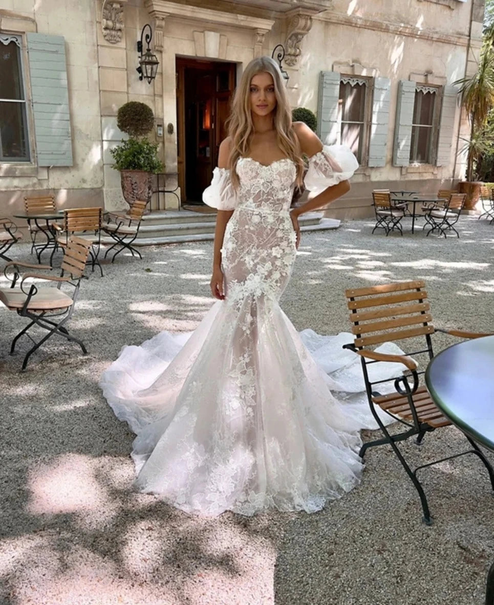 Romantic Mermaid Lace Wedding Dress Strapless Illusion Sexy Women Bride Dresses Court Train Bridal Gown Custom Made