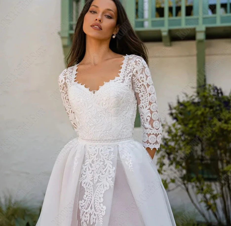 Elegant 3/4 Sleeves Wedding Dresses Square Collar Backless Bride Gowns Tulle A-Line Lace Applique Vestidos De Novia