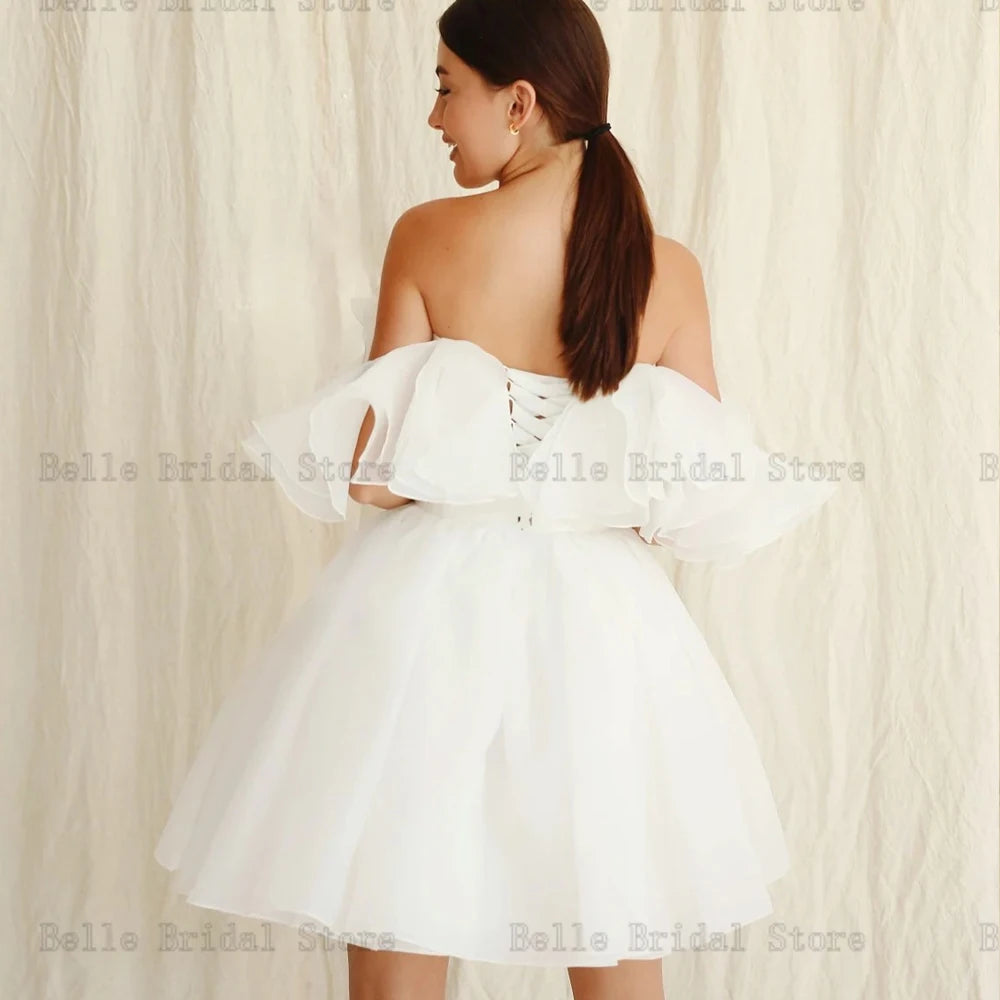 Semplici abiti da sposa corti Corta di barche fuori dagli abiti da sposa delle spalle sopra il ginocchio a-line mini organzavestidos de nolia