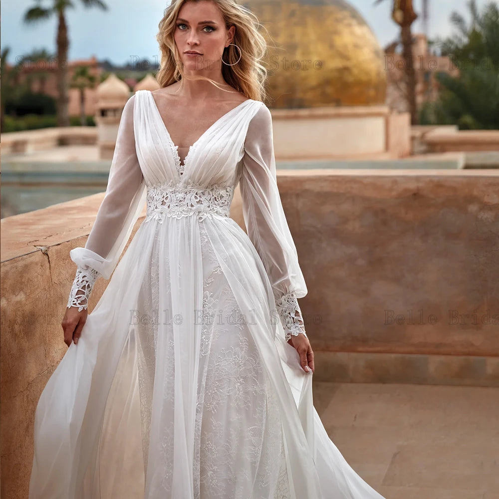 Elegant Wedding Dresses V Neck Long Sleeves Bridal Gowns Lace Appliques Illusion Sweep Train A-Line Vestidos De Novia 2024