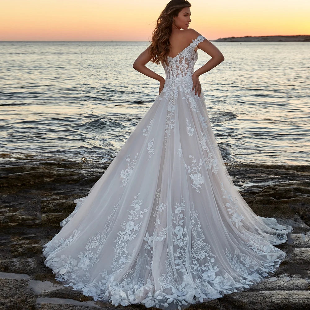 Squisito abiti da sposa a spalla v al collo maniche abiti da sposa appliques tulle lungo lunghezza a-line robe de mariee