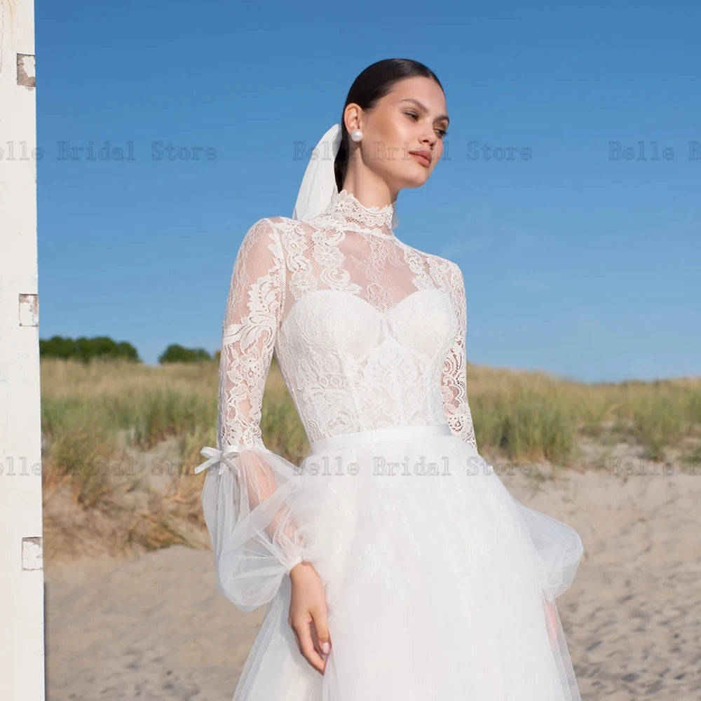 Elegant Ivory Wedding Dresses High Neck Long Sleeves Bridal Gowns Lace Appliques Sweep Train Tulle A-Line Vestidos De Novia 2024