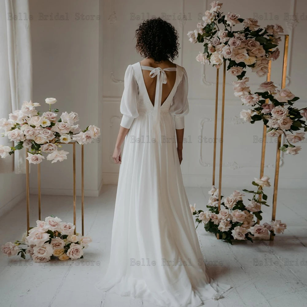 Elegant White Chiffon Wedding Dresses V Neck 3/4 Sleeves Bridal Growns Lace Backless Floor-Length A-line Vestidos De Novia 2023