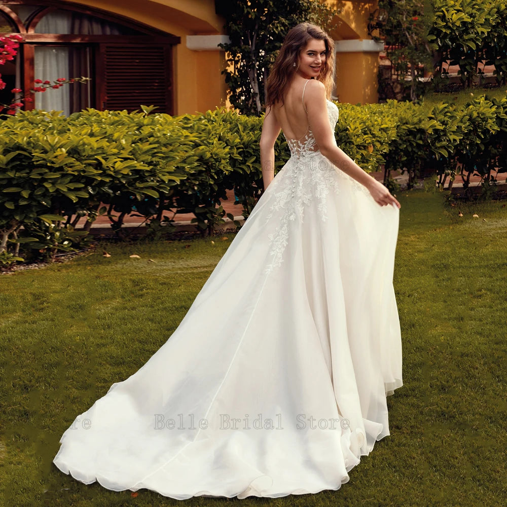 Sexy Spaghetti Strap Wedding Dresses V Neck Sleeveless Bridal Gowns Appliques Sweep Train A-line Tulle Vestidos De Novia 2023