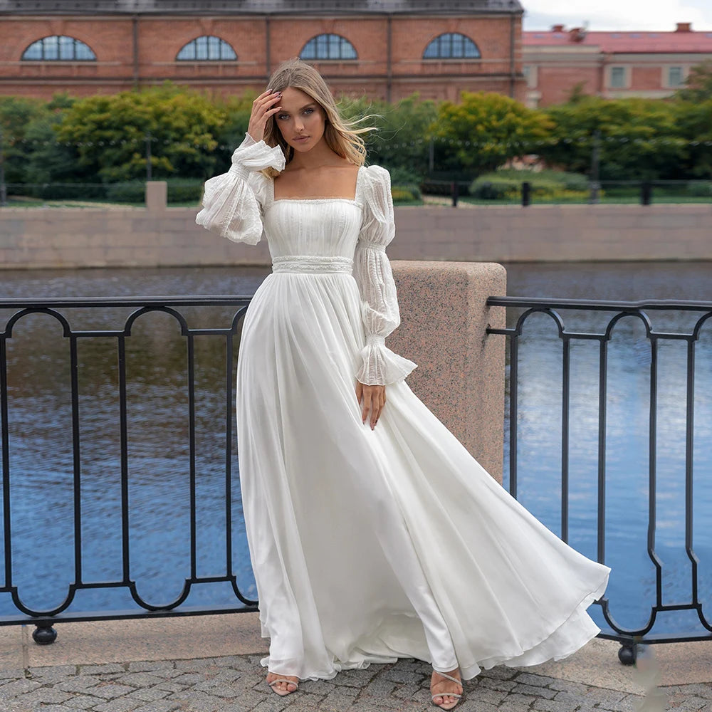 Elegante Chiffon-Brautkleider mit quadratischem Ausschnitt und langen Puffärmeln, Brautkleider mit Falten, rückenfrei, bodenlang, A-Linie, Robe De Mariee