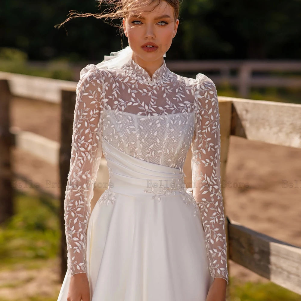 Eleganti abiti da sposa in raso maniche lunghe al collo alto abiti da sposa a-line appliques illusione illusione sweep treno vestidos de nolia