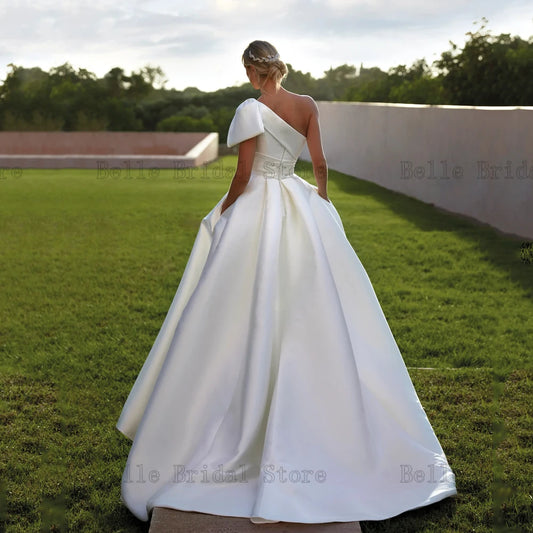 Simple One Shoulder Wedding Dresses Sleeveless Bridal Gowns Bow Back Zipper Floor Length A-Line Satin Vestidos De Novia 2024