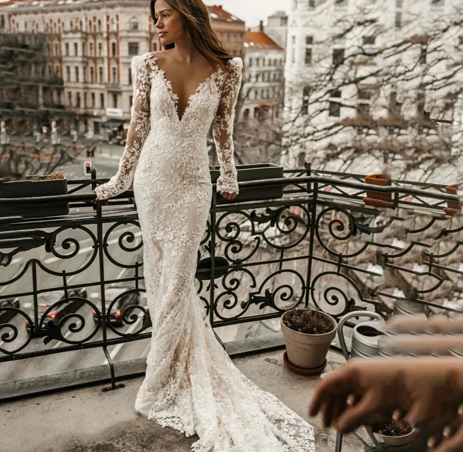 Mermaid Classy Wedding Dress For Women Lace Appliques Off  Shoulder Bride Gown Long Sleeve Bridal Robes Backless Robe De Mariée