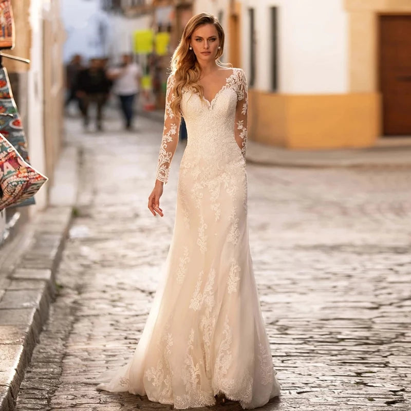 Robes de mariée sirène en dentelle à manches longues 2022 Robe nuptiale en tulle en V-col