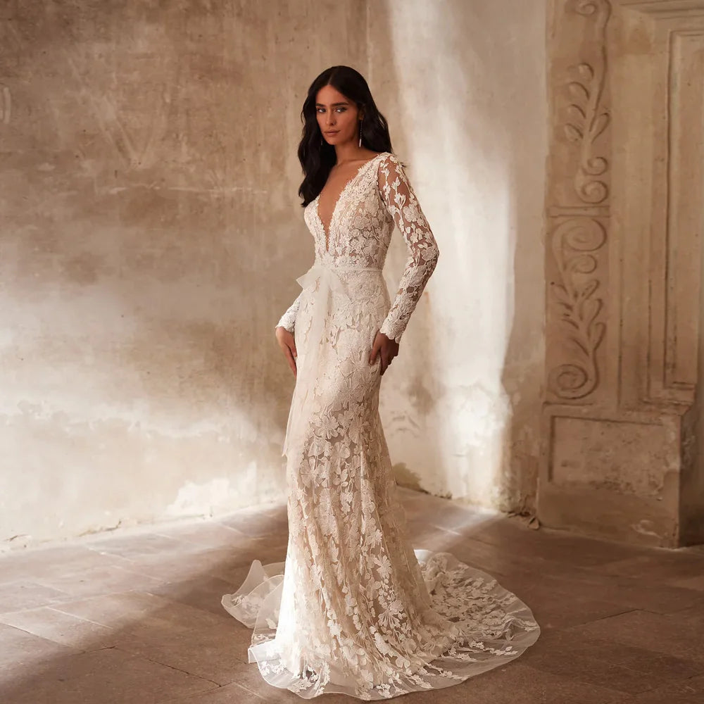 Exquisite Mermaid Wedding Dresses Deep V Neck Long Sleeves Bridal Gowns Pearls Appliques Floor-Length Tulle Robe De Mariee 2023