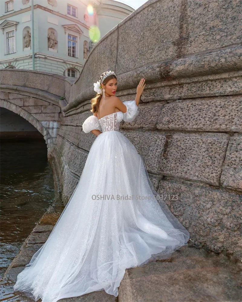 Modest Sweetheart Neck Beach A-Line Wedding Dresses Detachable Puff Sleeves Lace Appliques Bridal Gowns Vestidos De Noiva