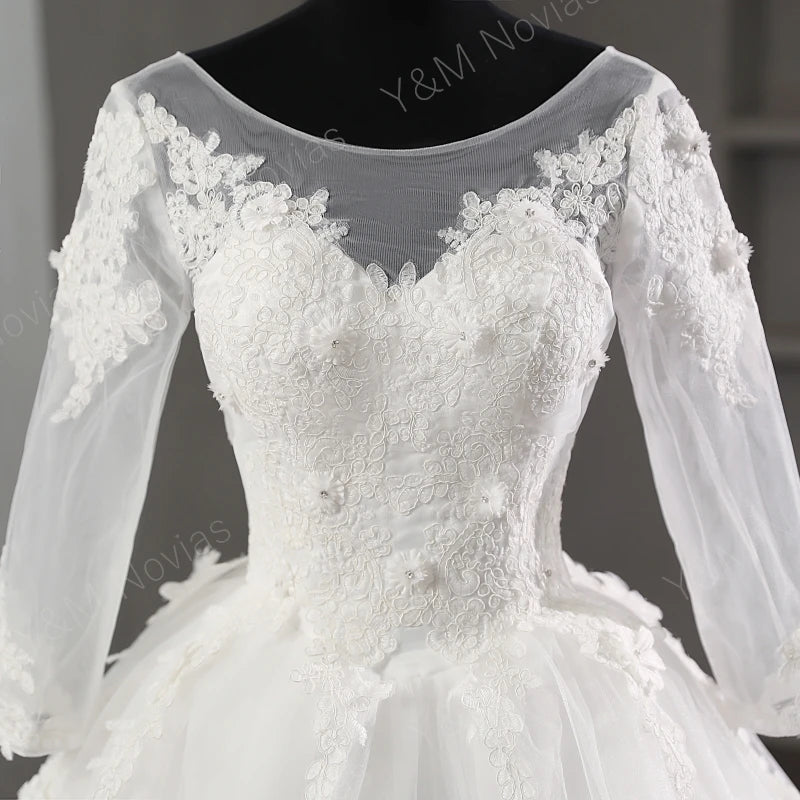 Real Vedio O Neck Lace  Embroidery Full Sleeve Plus Size Wedding Dress 2023 New Long Train Sweet Bride Gown Vestidos De Noiva