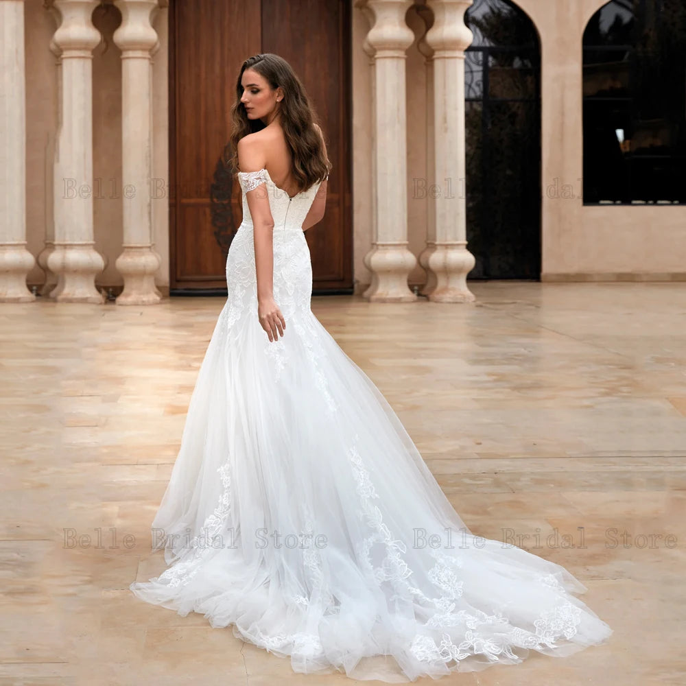 Classici abiti da sposa fuori spalla Abiti da sposa a cuore a cuore Appliques Lunghezza pavimento Tulle Mermaid Vestidos de noni 2024