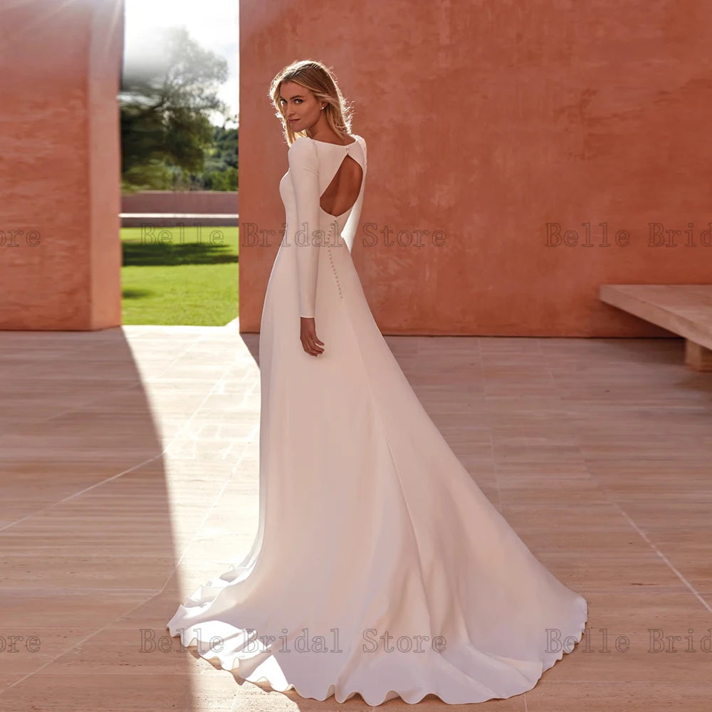 Robes de mariée simple A-line couche carrée manches longues Bouches de mariée en arrière sans arrière-bouton du sol Vestidos de Novia 2024