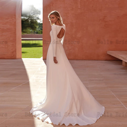 Simple A-Line Wedding Dresses Square Neck Long Sleeves Bridal Gowns Backless Back Button Floor Length Vestidos De Novia 2024