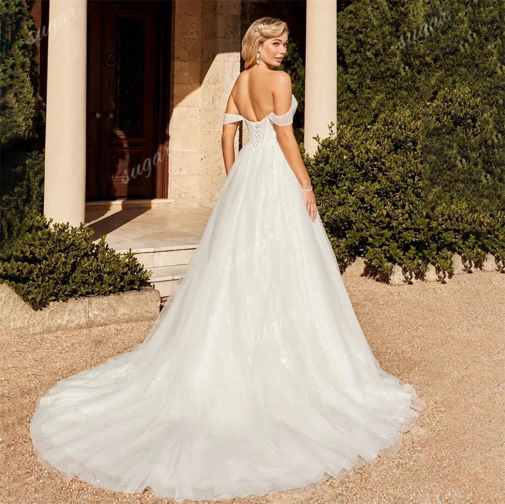 Tulle scintillante A abiti da sposa abiti da sposa abiti da sposa principessa sexy fuori dalla spalla abito da sposa abito de mariée plus size