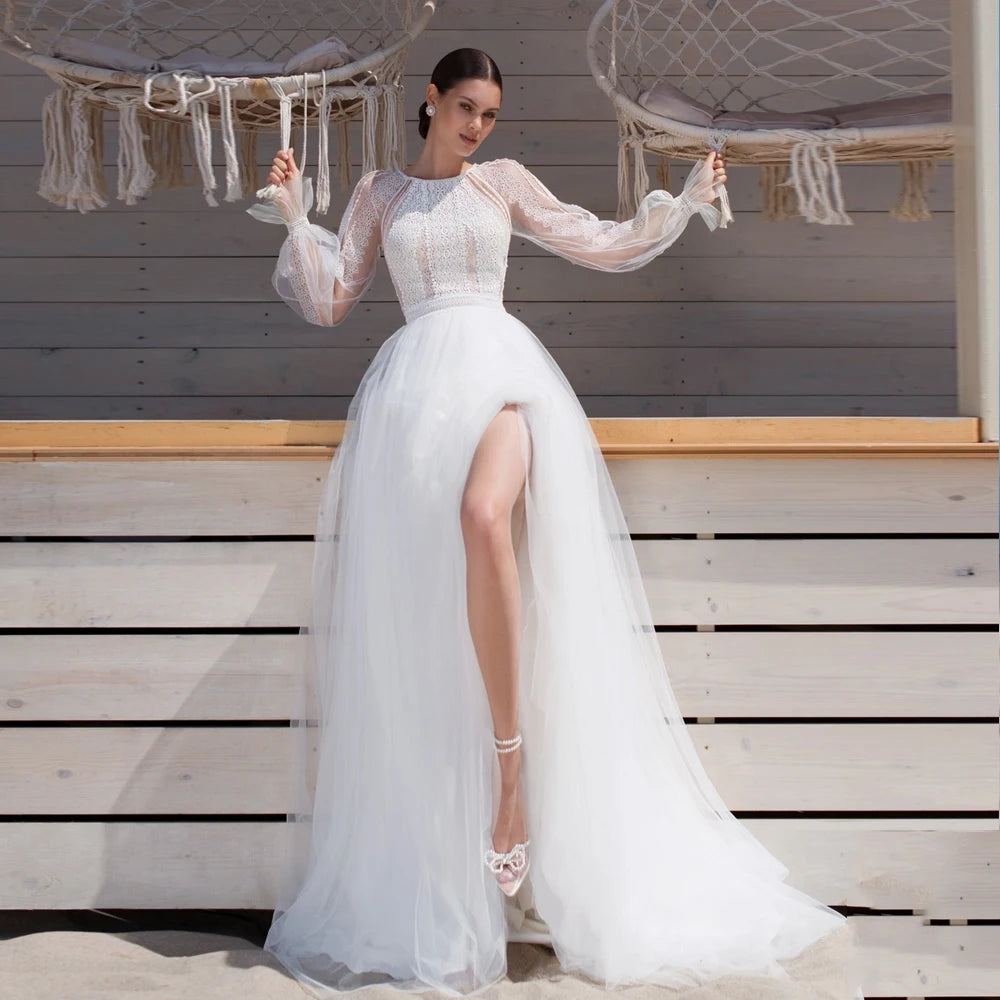 Eleganti abiti da sposa ad A-line gioiello a maniche lunghe abiti da sposa in pizzo illusione del treno tulle vestidos de noni 2024