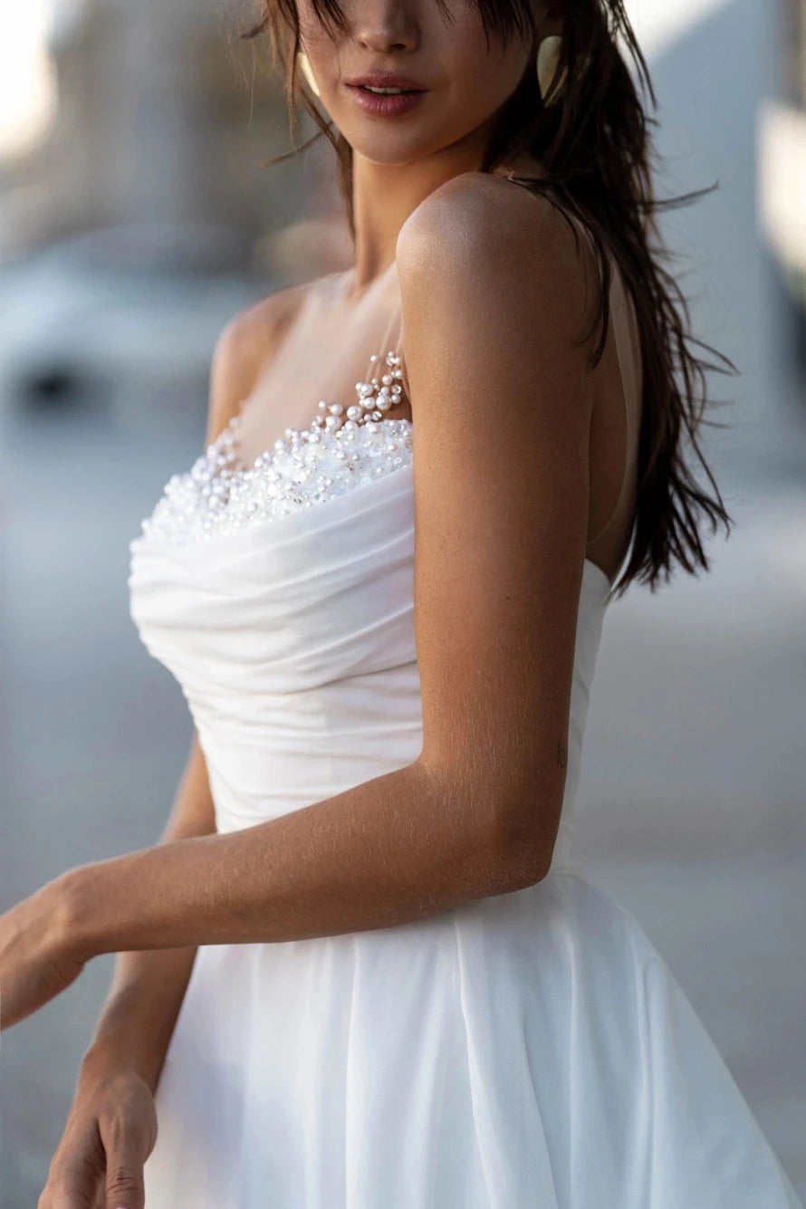 Vestidos de novia de cuello de perla vintage túnica simple satén elegante de los hombros a los vestidos de novia de la línea de la línea sin mangas de la novia 2024