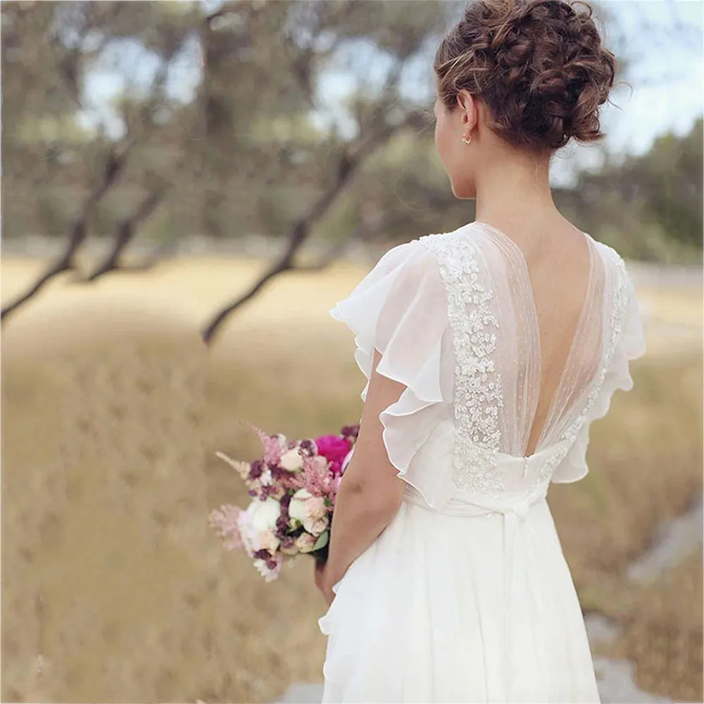 Boho V-Neck Wedding Dresses Chiffon A Line Short Sleeves Backless Floor Length Ruffles Beach Bridal Gowns Bohemian Simple Summer