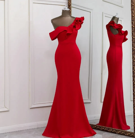 Sexy one shoulder red evening dress vestido de festa evening gowns elegant formal party dresses women evening prom dresses