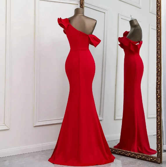 Sexy one shoulder red evening dress vestido de festa evening gowns elegant formal party dresses women evening prom dresses