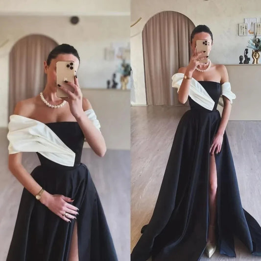 Sexy Black and White A Line Prom Dresses Off Shoulder High Side Split Pleats Sweep Train Floor Length Luxury Evening Party Gowns