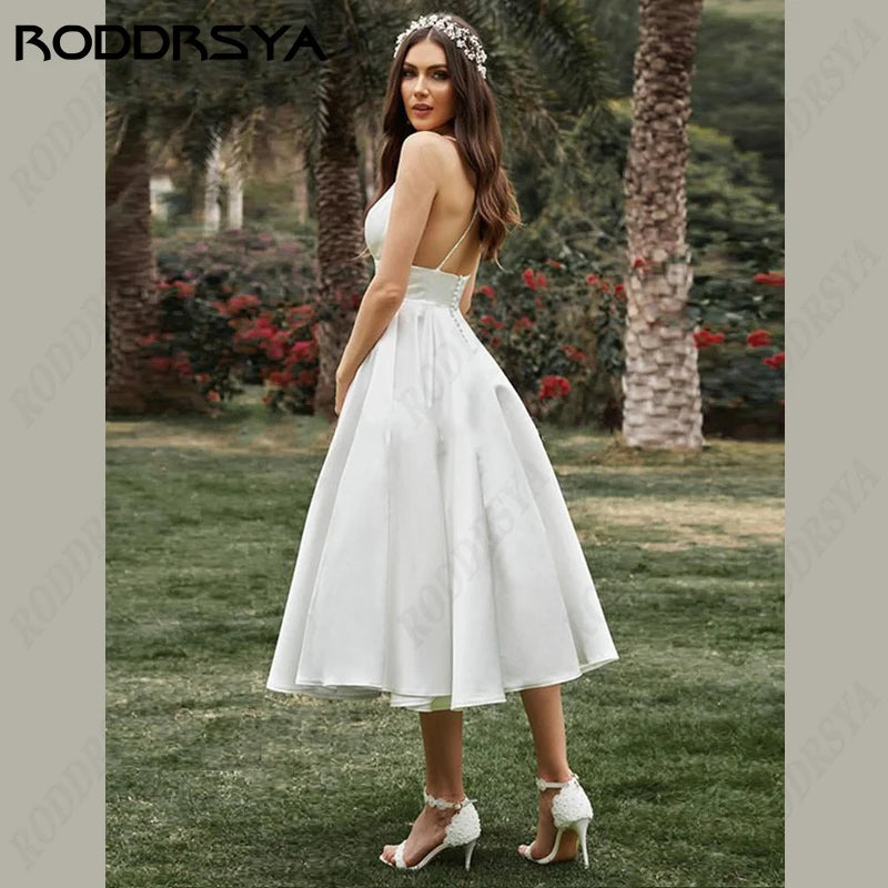 RODDRSYA Princess Wedding Dresses Short V-Neck Bridal Party Romantic Backless Robe De Soirée Satin Spaghetti Strap Bride Gown