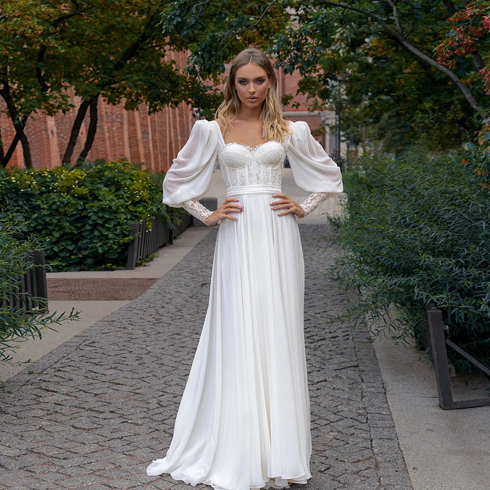 Vestidos de novia de gasa elegante mangas de hojaldre de cuello de corazón encaje de encaje