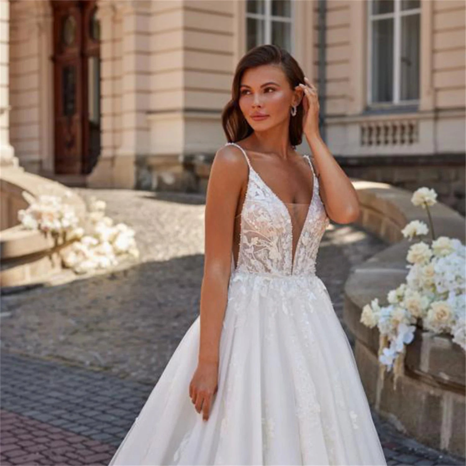 V-neck White Wedding Dresses for Women 2023 Bride Lace Wedding Ceremony Dress Bepeithy Official Store Women's Elegant Dresses