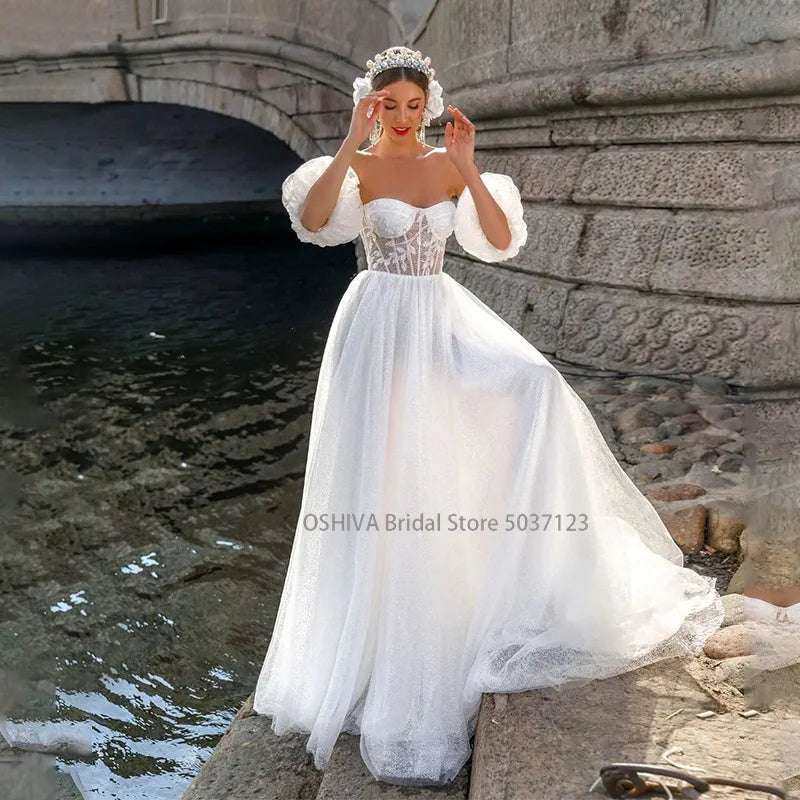 Modest Sweetheart Neck Beach A-Line Wedding Dresses Detachable Puff Sleeves Lace Appliques Bridal Gowns Vestidos De Noiva