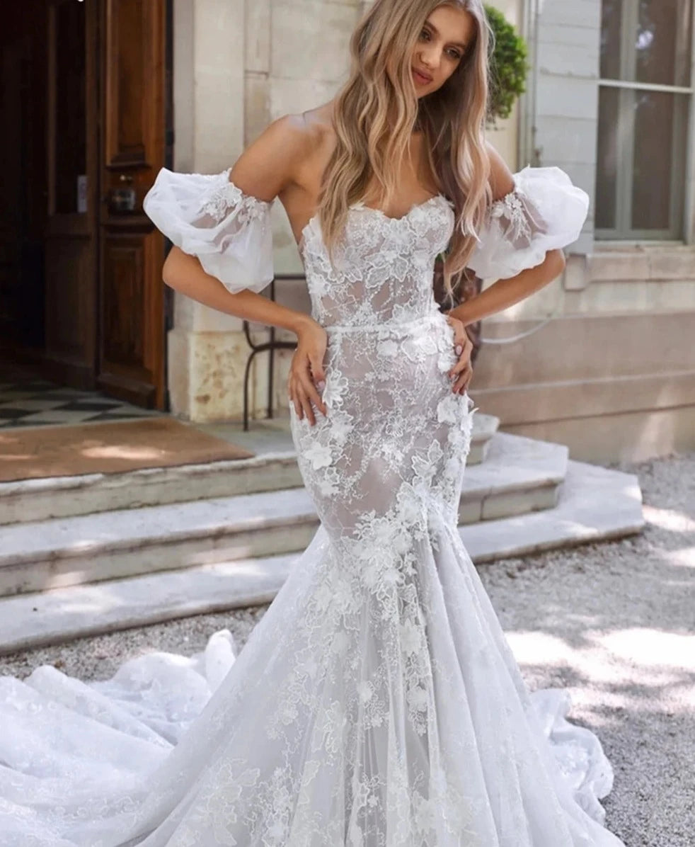 Romantic Mermaid Lace Wedding Dress Strapless Illusion Sexy Women Bride Dresses Court Train Bridal Gown Custom Made