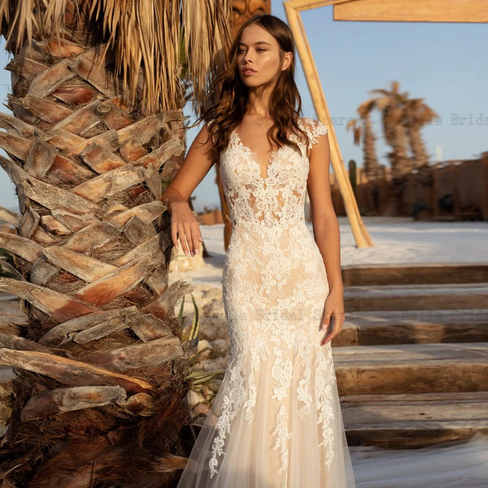 Vestidos de noiva clássicos de sereia para noiva V de pescoço sem mangas de noiva Apliques Sweep tulle vestidos de novia 2023