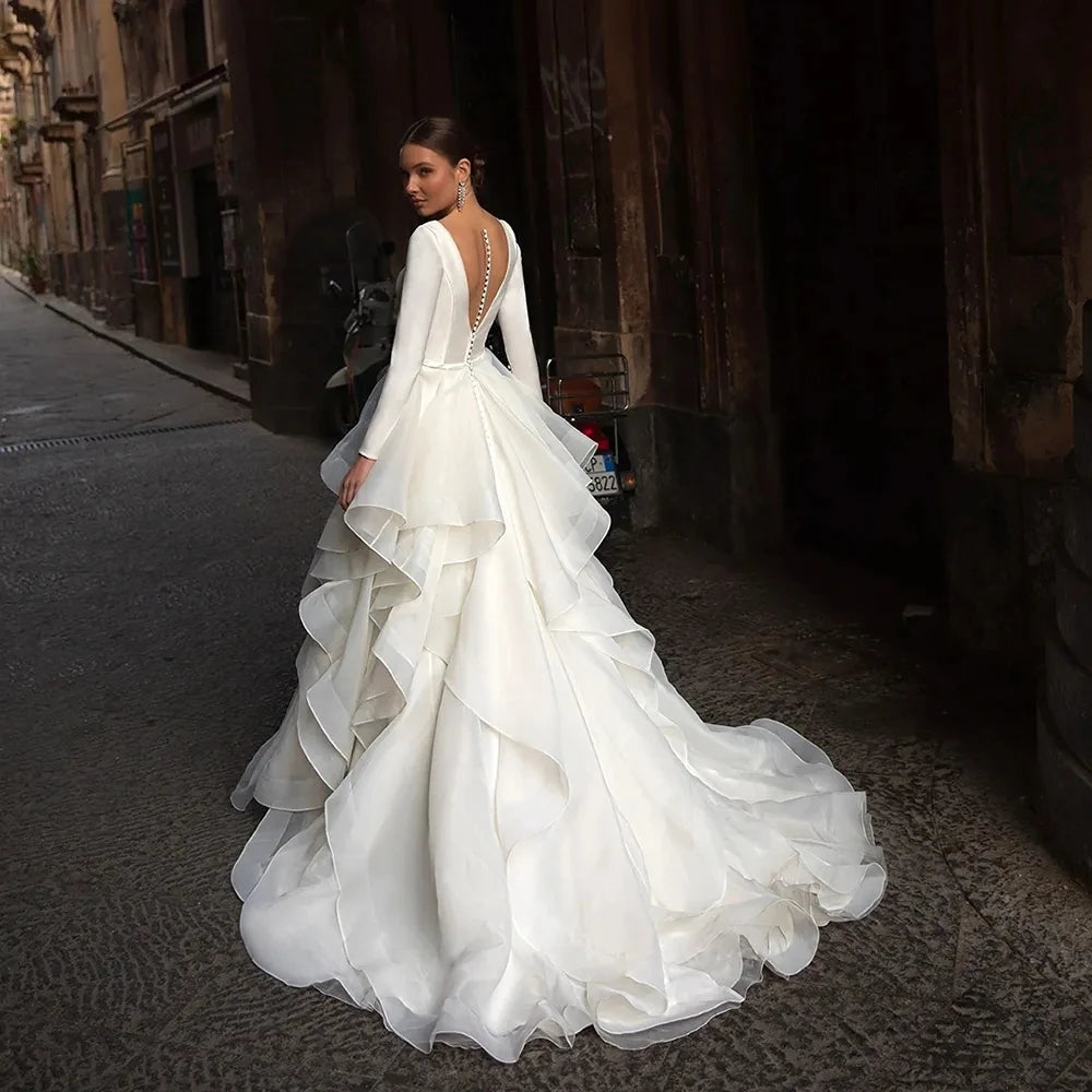 Hermosos vestidos de novia con cuello en v túnica nupcial moderna con mangas largas vestidos de pliegues de mangas niveladas de lujo de novia