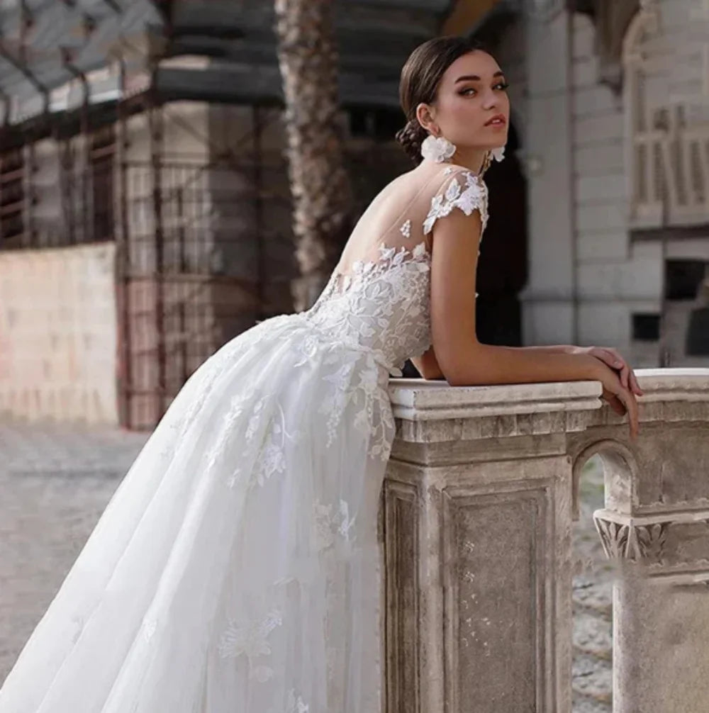 2024 Elegant Luxury Wedding Dress Tulle Scoop Cap Sleeves Backless Lace Appliques Bridal Gowns   فساتين سهرة  Wedding dresses