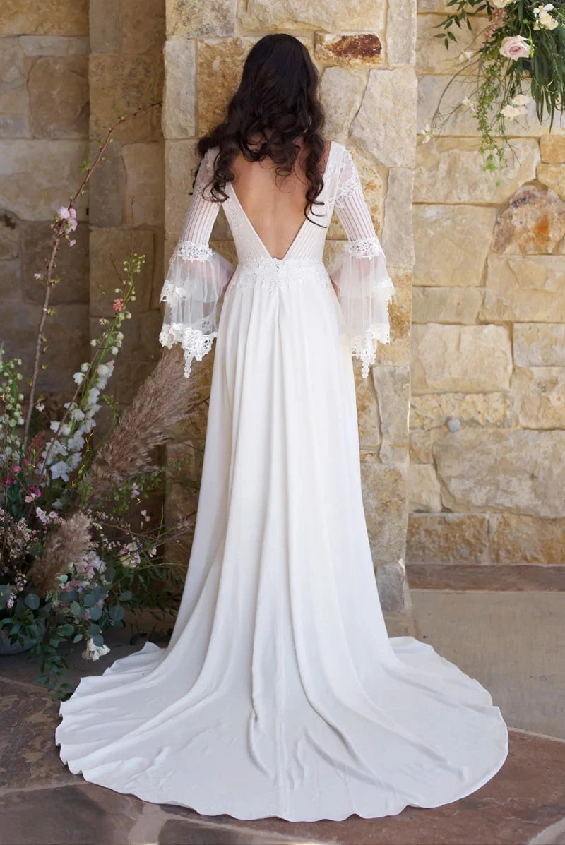 Sexy Deep V Neck Boho Wedding Dress With Lace Bodice Elegant Layered Sleeves Backless A Line Maxi Bridal Gown