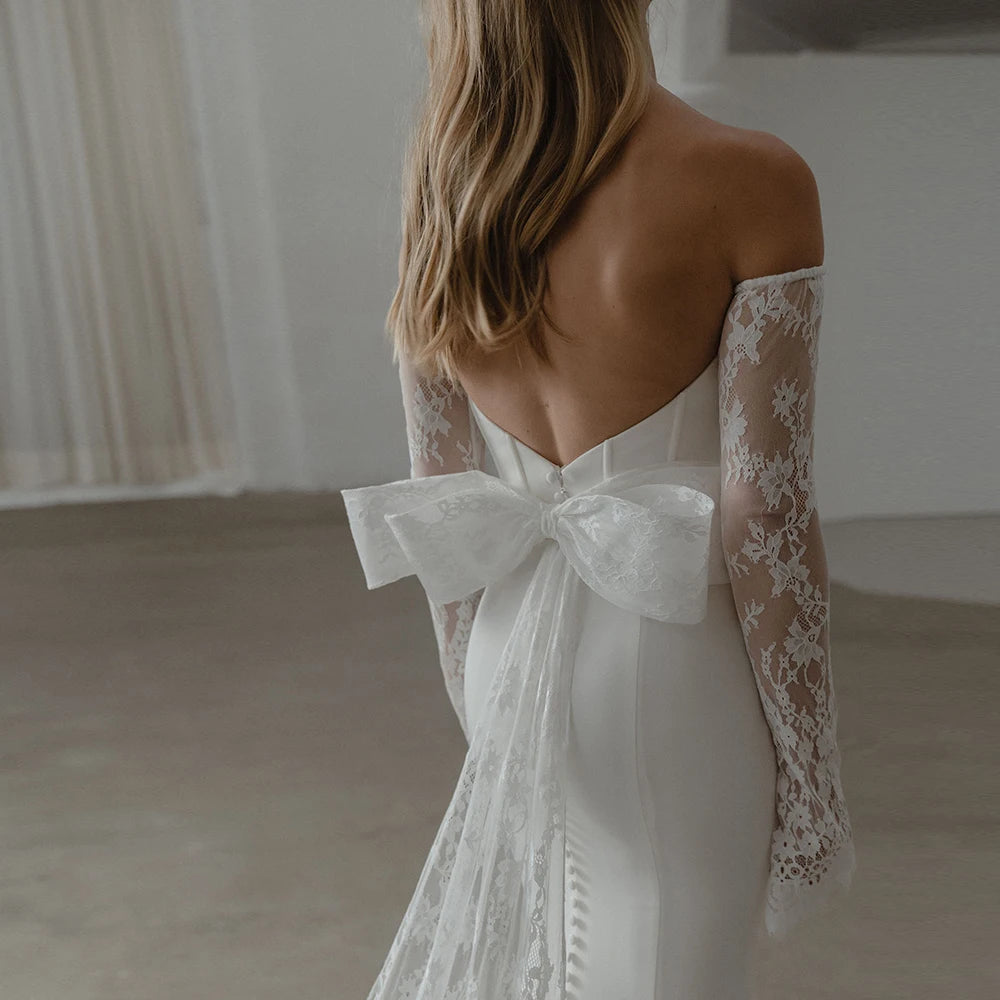 Magnifiques robes de mariée à manches longues pour femmes Strapiess Bridal Growns avec vestidos à gros arc détachable de Novia Backless 2024