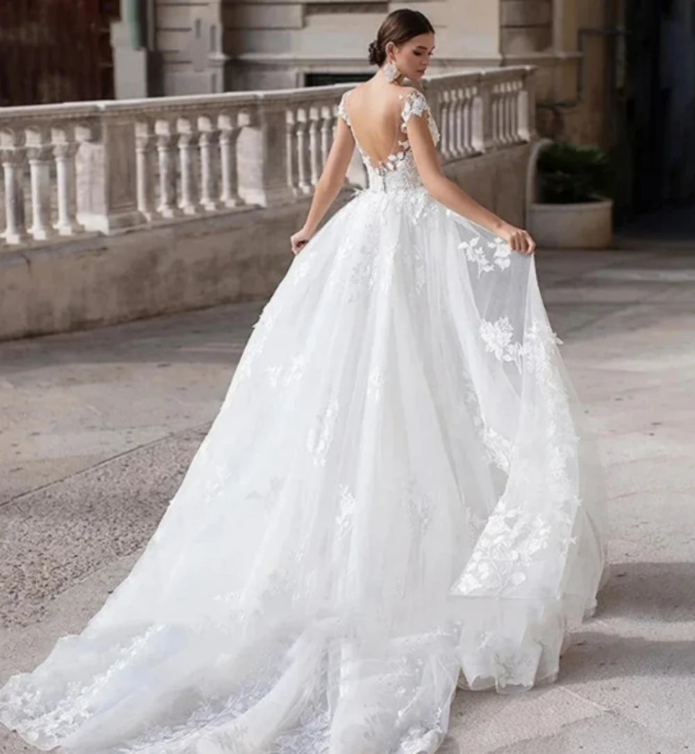 2024 Elegante vestido de novia de lujo Tulle Tul Smoop Mangas de encaje sin espalda Apliques Vestidos de novia فسار "Vestidos de novia