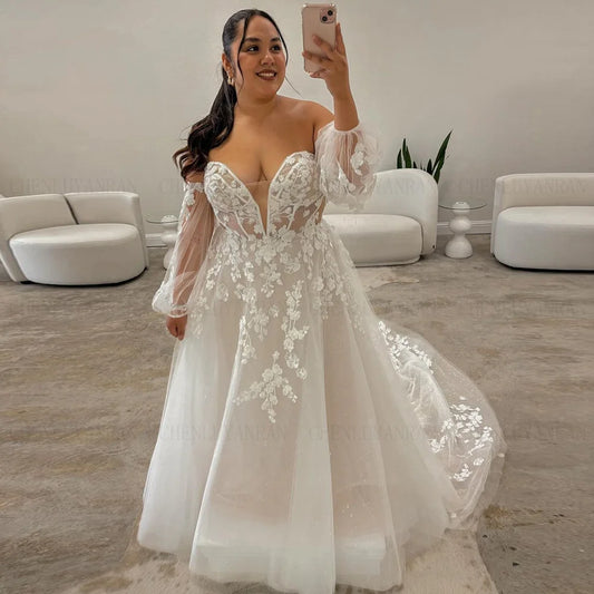 Beach Sweetheart Wedding Dresses Applique Puff Sleeves Long Bride Dress Glitter Ivory Tulle Dress For Women 2024 Robe De Mariée