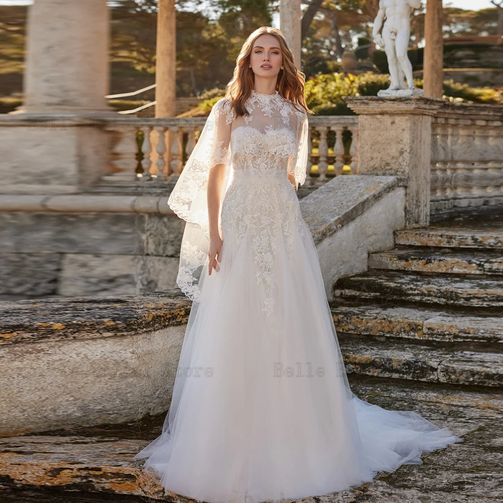 Abiti da sposa sexy in tulle abiti da sposa senza maniche al collo alto Appliques Abbattini Lunghezza del pavimento del pavimento A-line Vestidos de noni 2024