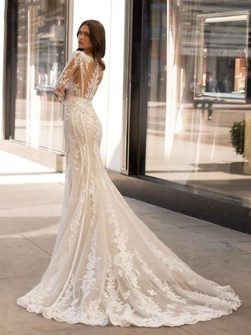 Exquisite Brautkleider Tiefem V-Ausschnitt Brautkleider Spitzenapplikationen Lange Ärmel Bodenlange Roben für Bräute Vestidos De Novia