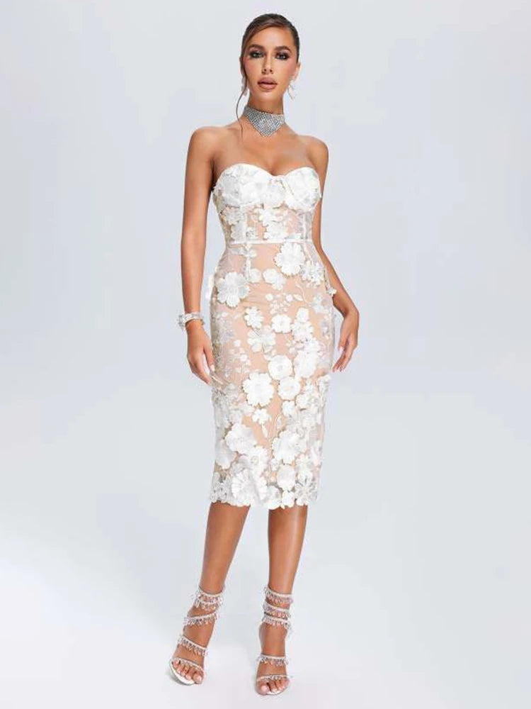 VC Knee Length Dresses For Women Strapless Sleeveless White Embroidery Patchwork Nude Mesh Female Clothing