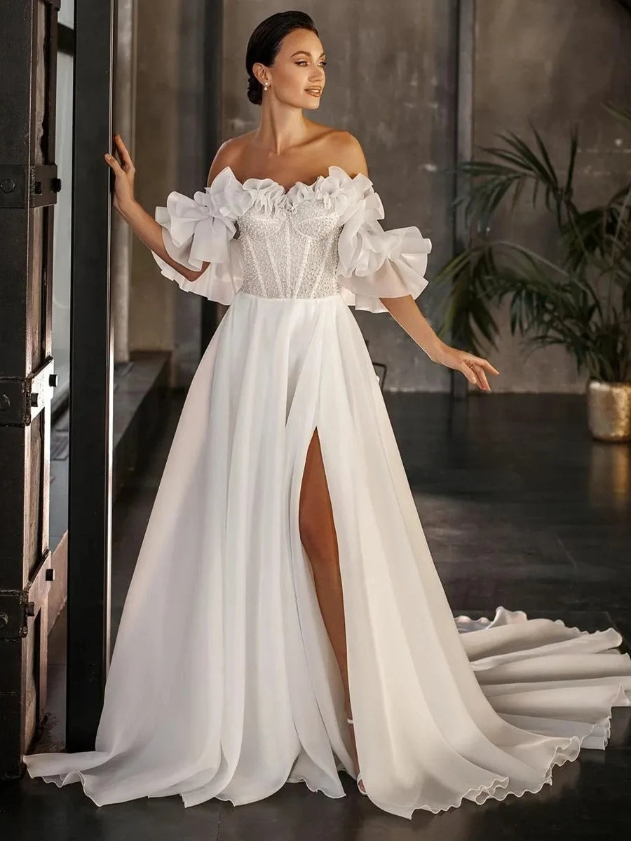 Exquisite Brautkleider A-Linie U-Boot-Ausschnitt Brautkleider Geraffte Satin-Roben für formelle Partys Hoher Schlitz Vestidos De Novia 2024