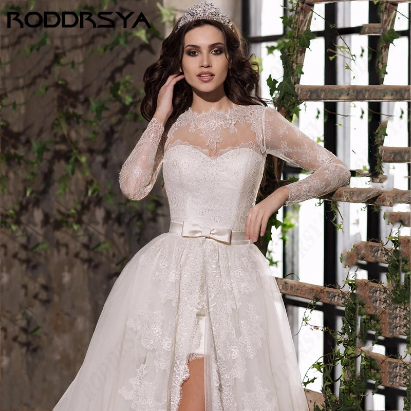 RODDRSYA Vestido De Noiva Long Sleeves Two Pieces Wedding Dresses Detachable Skirt Bridal Party Illusion Back Elegant A-line