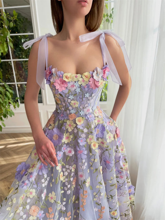 Lila knielanges Partykleid, elegante Abendkleider mit Blumenstickerei, Spaghettiträger, Vestidos De Noche, sexy Ballkleid