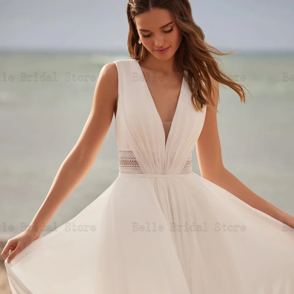 Beach Chiffon Wedding Dresses V Neck Sleeveless Bridal Gowns Lace Pleat Backless Floor Length A-Line Vestidos De Novia 2024