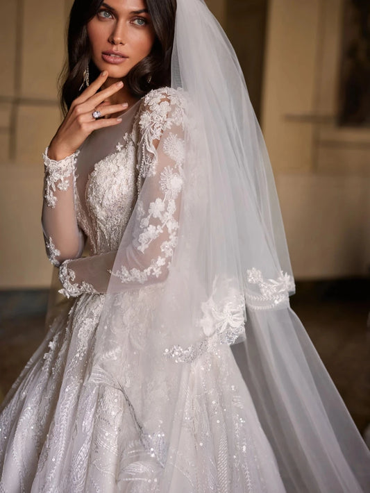 Classic Lace Appliques 3D Flower Bridal Dress Sparkly Sequins Beads Wedding Gown Luxury A-line Long Bride Robe Vestido De Novia